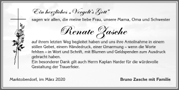 Traueranzeige von Renate Zasche von Allgäuer Zeitung, Marktoberdorf
