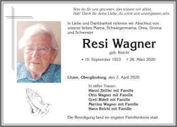 Traueranzeige von Resi Wagner von Allgäuer Zeitung, Marktoberdorf