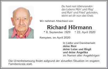 Traueranzeige von Richard Hörmann von Allgäuer Zeitung,Kempten