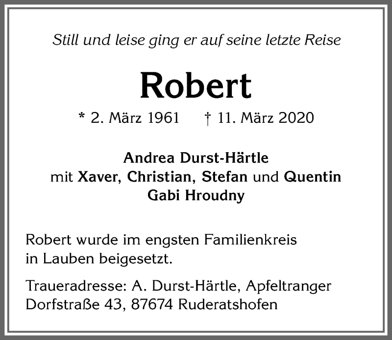  Traueranzeige für Robert Hroudny vom 01.04.2020 aus Allgäuer Zeitung,Kempten