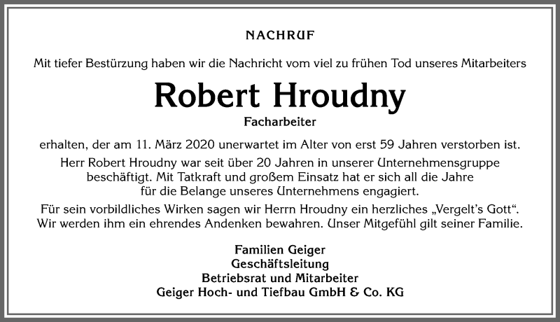  Traueranzeige für Robert Hroudny vom 01.04.2020 aus Allgäuer Zeitung,Kempten