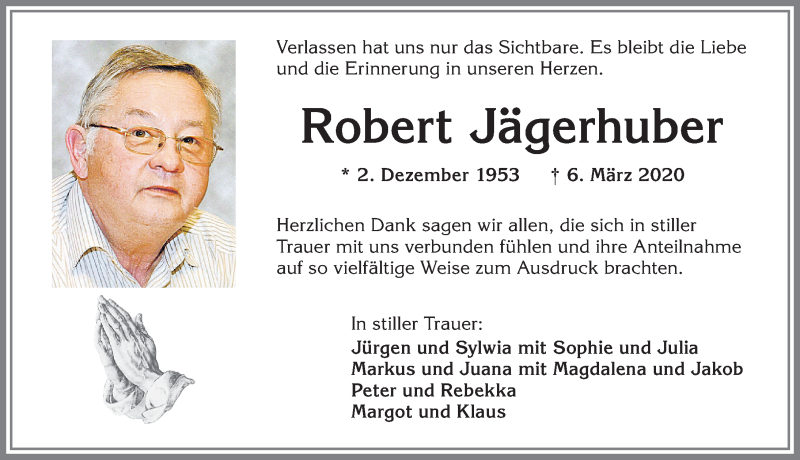  Traueranzeige für Robert Jägerhuber vom 07.04.2020 aus Allgäuer Zeitung,Kempten