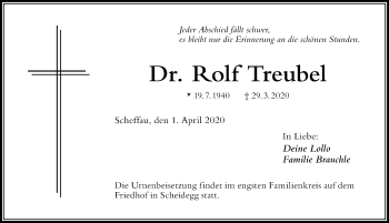 Traueranzeige von Rolf Treubel von Der Westallgäuer