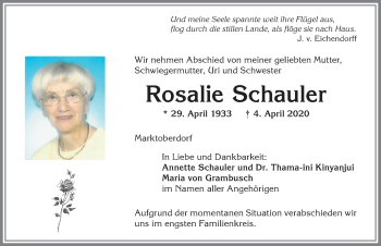 Traueranzeige von Rosalie Schauler von Allgäuer Zeitung, Marktoberdorf
