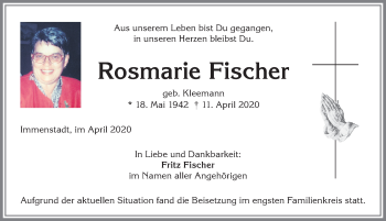 Traueranzeige von Rosmarie Fischer von Allgäuer Anzeigeblatt