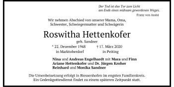 Traueranzeige von Roswitha Hettenkofer von Allgäuer Zeitung, Marktoberdorf