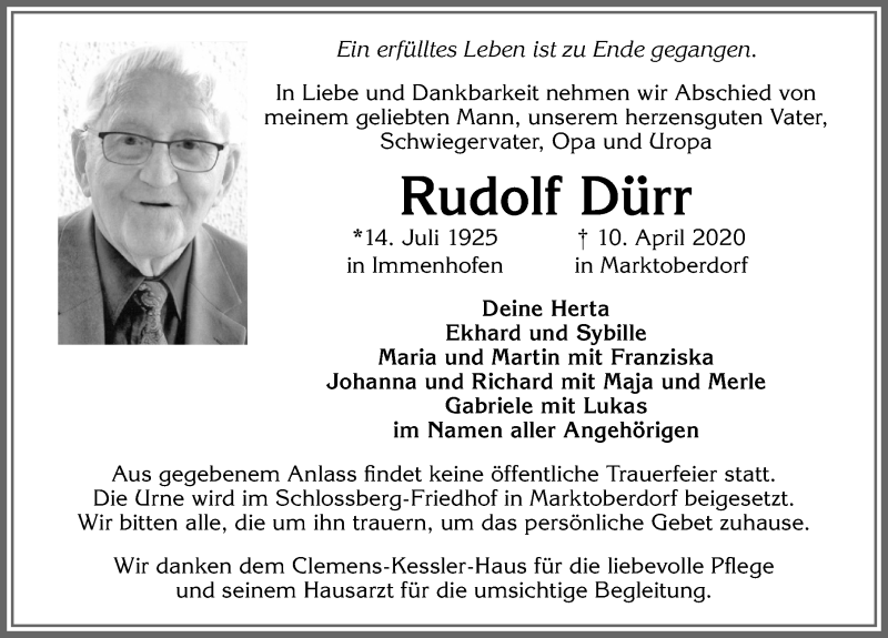  Traueranzeige für Rudolf Dürr vom 18.04.2020 aus Allgäuer Zeitung, Marktoberdorf