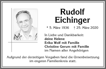 Traueranzeige von Rudolf Eichinger von Allgäuer Zeitung, Kaufbeuren/Buchloe