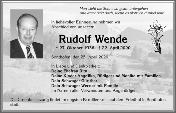 Traueranzeige von Rudolf Wende von Allgäuer Anzeigeblatt
