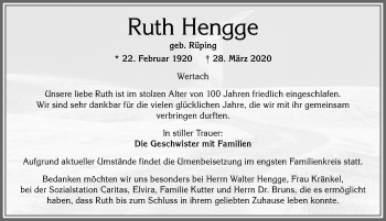 Traueranzeige von Ruth Hengge von Allgäuer Anzeigeblatt