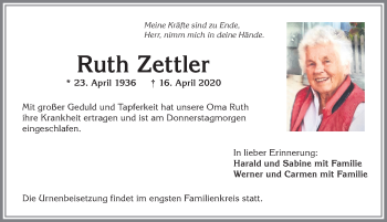 Traueranzeige von Ruth Zettler von Allgäuer Anzeigeblatt