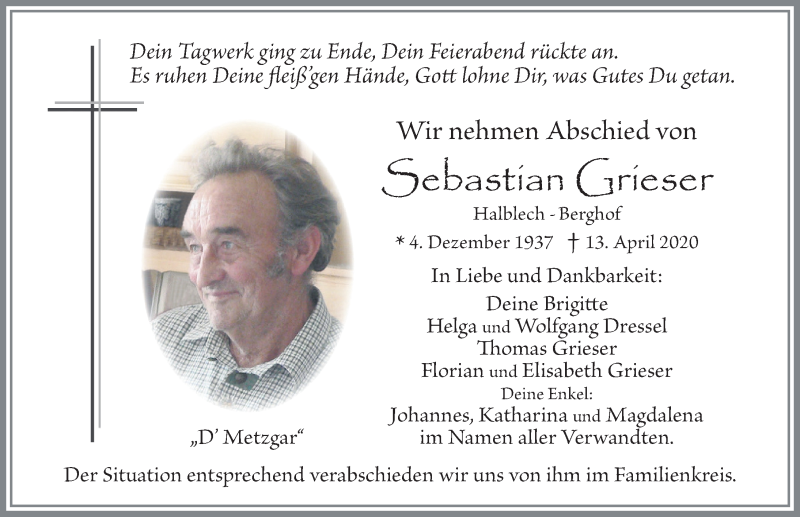  Traueranzeige für Sebastian Grieser vom 17.04.2020 aus Allgäuer Zeitung, Füssen