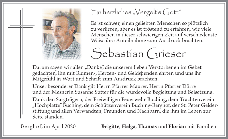  Traueranzeige für Sebastian Grieser vom 25.04.2020 aus Allgäuer Zeitung, Füssen
