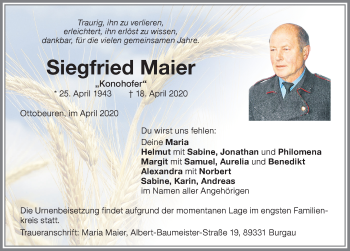 Traueranzeige von Siegfried Maier von Memminger Zeitung
