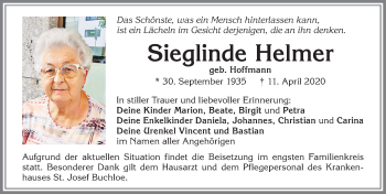 Traueranzeige von Sieglinde Helmer von Allgäuer Zeitung, Kaufbeuren/Buchloe