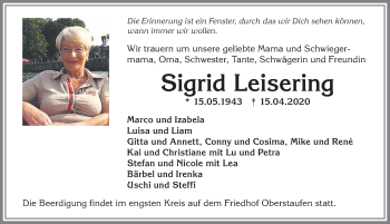 Traueranzeige von Sigrid Leisering von Allgäuer Anzeigeblatt