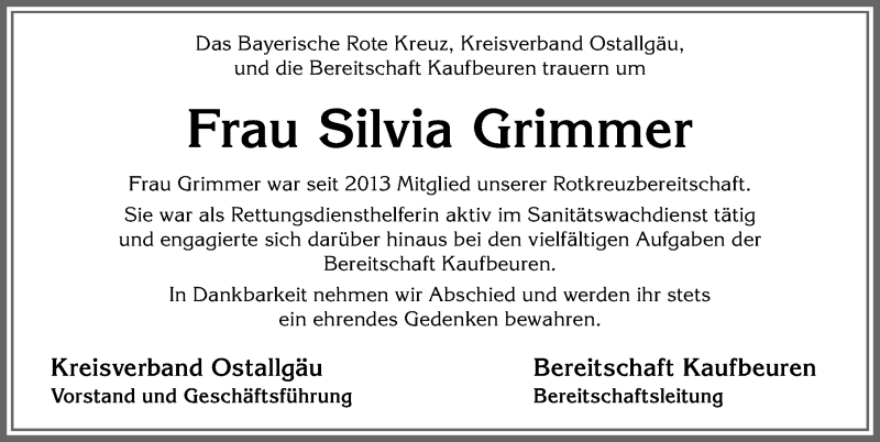  Traueranzeige für Silvia Grimmer vom 28.04.2020 aus Allgäuer Zeitung, Kaufbeuren/Buchloe