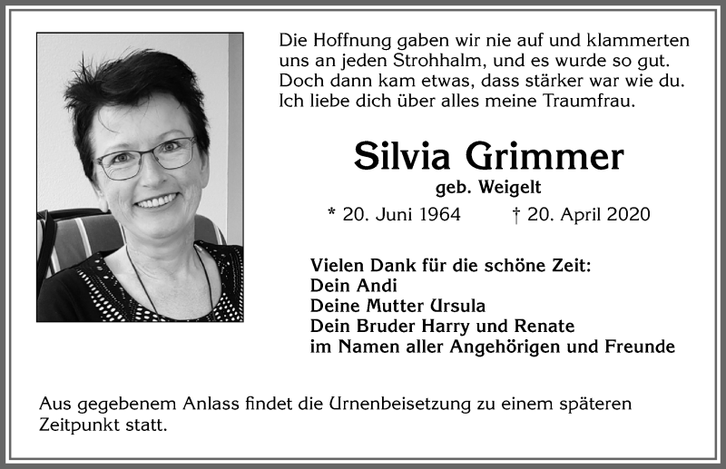  Traueranzeige für Silvia Grimmer vom 25.04.2020 aus Allgäuer Zeitung, Kaufbeuren/Buchloe