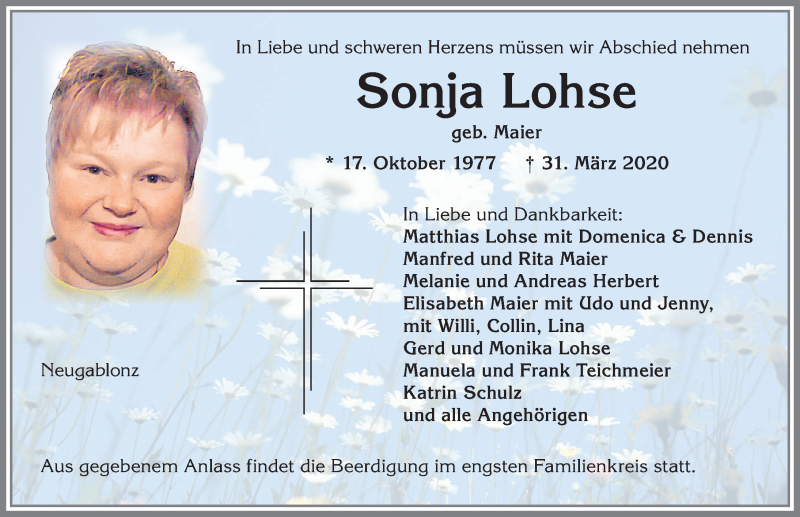  Traueranzeige für Sonja Lohse vom 09.04.2020 aus Allgäuer Zeitung