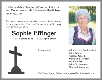 Traueranzeige von Sophie Effinger von Allgäuer Anzeigeblatt