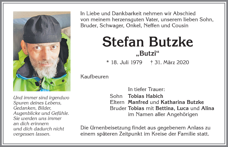  Traueranzeige für Stefan Butzke vom 04.04.2020 aus Allgäuer Zeitung, Kaufbeuren/Buchloe