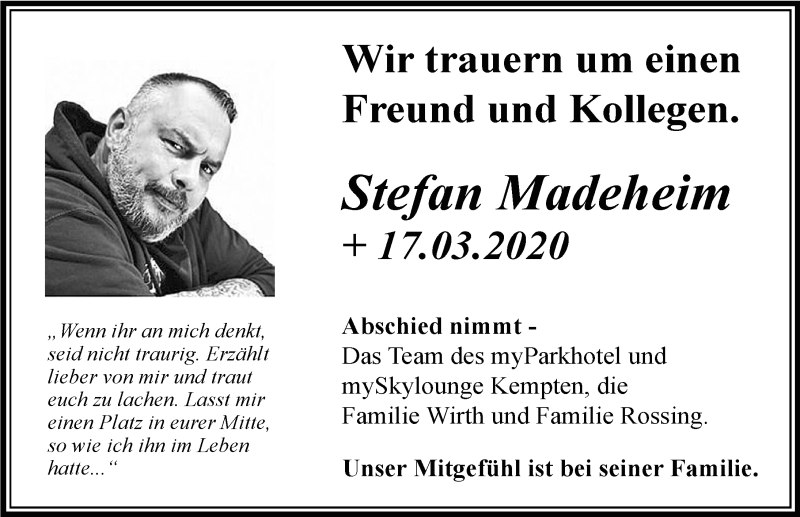  Traueranzeige für Stefan Madeheim vom 01.04.2020 aus Allgäuer Zeitung,Kempten