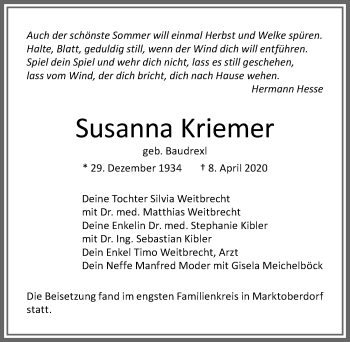 Traueranzeige von Susanna Kriemer von Allgäuer Zeitung, Marktoberdorf