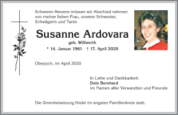 Traueranzeige von Susanne Ardovara von Allgäuer Anzeigeblatt