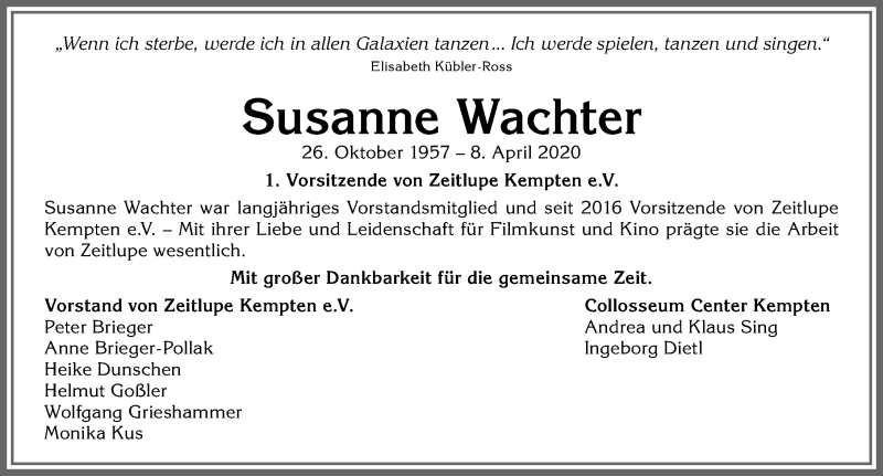  Traueranzeige für Susanne Wachter vom 11.04.2020 aus Allgäuer Zeitung