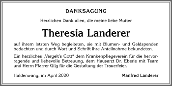 Traueranzeige von Theresia Landerer von Allgäuer Zeitung,Kempten