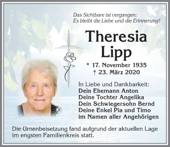 Traueranzeige von Theresia Lipp von Allgäuer Zeitung,Kempten