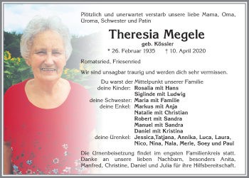 Traueranzeige von Theresia Megele von Allgäuer Zeitung, Kaufbeuren/Buchloe
