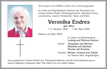 Traueranzeige von Veronika Endres von Allgäuer Zeitung,Kempten