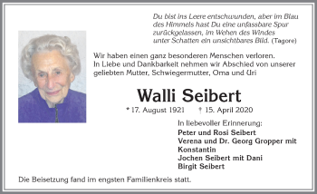 Traueranzeige von Walli Seibert von Allgäuer Zeitung,Kempten