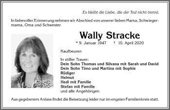 Traueranzeige von Wally Stracke von Allgäuer Zeitung, Kaufbeuren/Buchloe