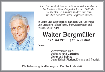 Traueranzeige von Walter Bergmüller von Allgäuer Zeitung,Kempten