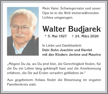 Traueranzeige von Walter Budjarek von Allgäuer Zeitung, Marktoberdorf