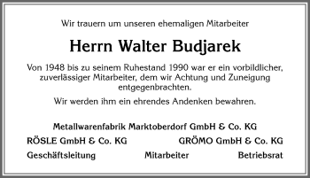 Traueranzeige von Walter Budjarek von Allgäuer Zeitung, Marktoberdorf
