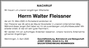 Traueranzeige von Walter Fleissner von Memminger Zeitung