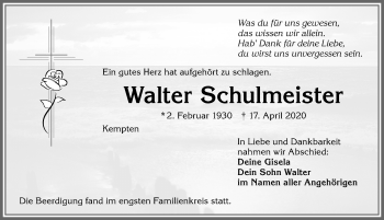 Traueranzeige von Walter Schulmeister von Allgäuer Zeitung,Kempten