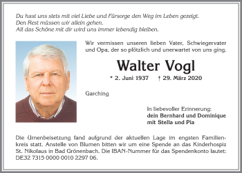Traueranzeige von Walter Vogl von Allgäuer Zeitung,Kempten