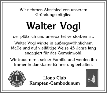 Traueranzeige von Walter Vogl von Allgäuer Zeitung,Kempten