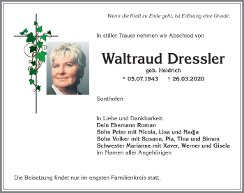 Traueranzeige von Waltraud Dressler von Allgäuer Anzeigeblatt