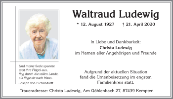 Traueranzeige von Waltraud Ludewig von Allgäuer Zeitung,Kempten