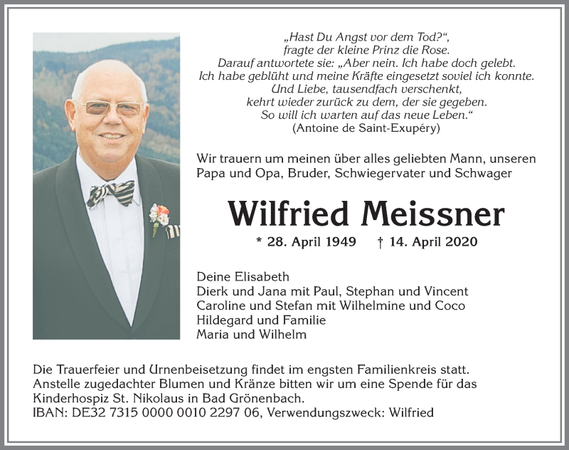  Traueranzeige für Wilfried Meissner vom 22.04.2020 aus Allgäuer Zeitung