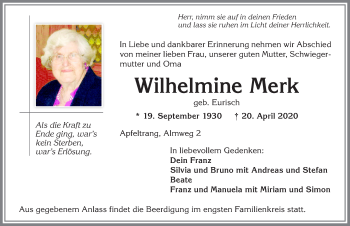 Traueranzeige von Wilhelmine Merk von Allgäuer Zeitung, Kaufbeuren/Buchloe