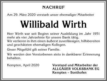 Traueranzeige von Willibald Wirth von Allgäuer Zeitung,Kempten