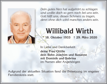 Traueranzeige von Willibald Wirth von Allgäuer Zeitung,Kempten