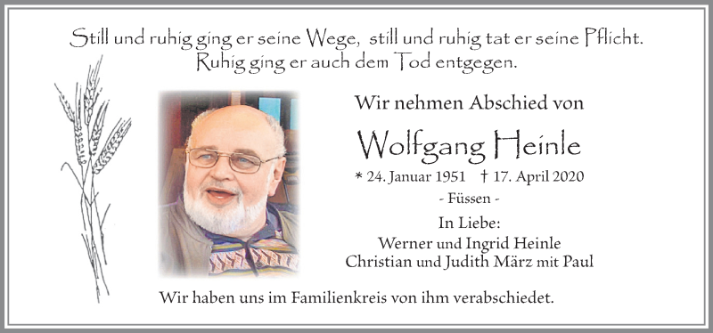  Traueranzeige für Wolfgang Heinle vom 25.04.2020 aus Allgäuer Zeitung, Füssen