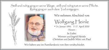 Traueranzeige von Wolfgang Heinle von Allgäuer Zeitung, Füssen